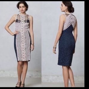 Byron Lars Beguile Anthropologie 10 pink and navy stretch lace button down dress